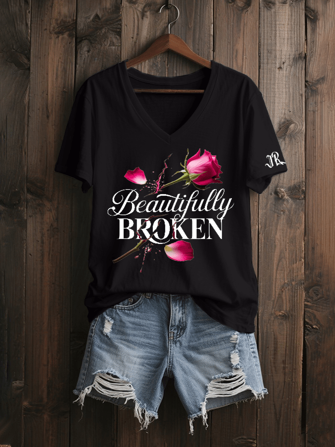 Women's Country Music Beautiful Broken Print V-Neck T-Shirt
