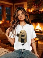 Retro Halloween Cat Ghost Meh Print T-Shirt