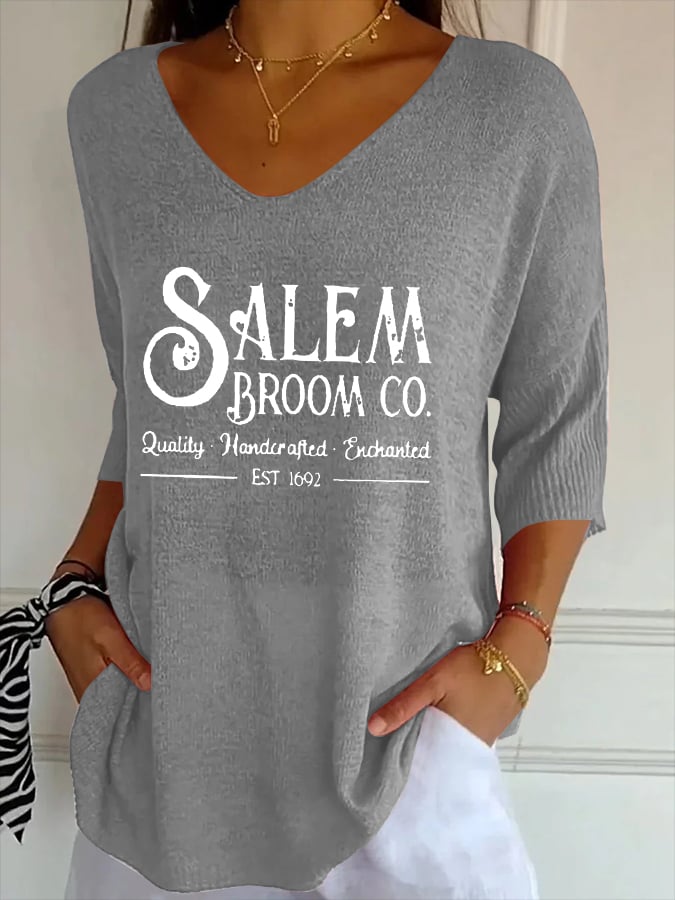 Women's Salem Broom Co Quality Handcrafted Enchanted Est 1692 Print Casual T-Shirt