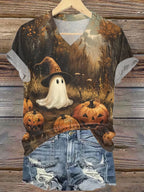 Women's Halloween Autumn Ghost Pumpkin Print Casual T-Shirt