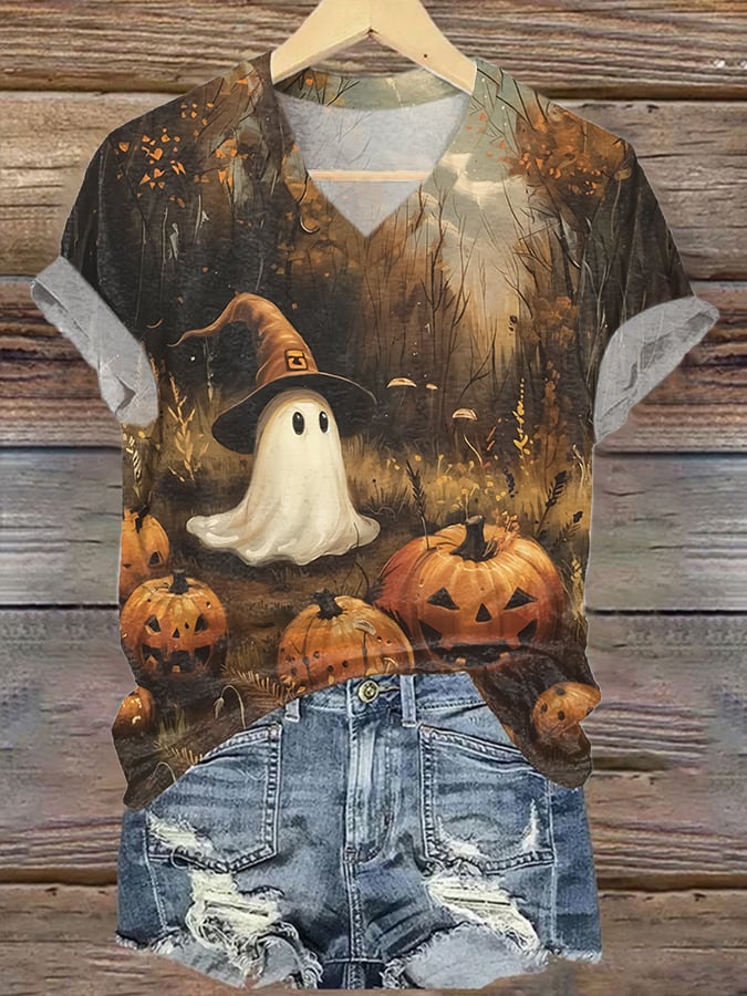 Women's Halloween Autumn Ghost Pumpkin Print Casual T-Shirt