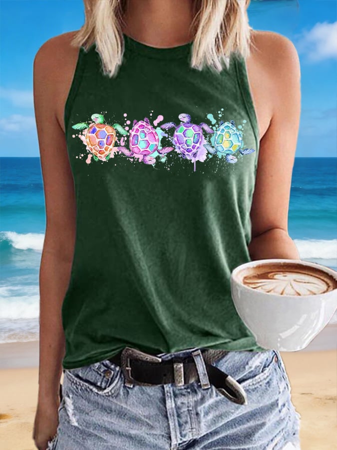Retro Sea Turtle Print Tops Tank