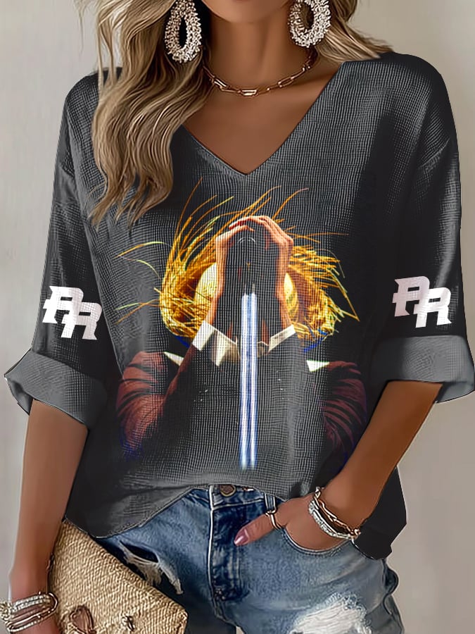 Puerto Rico color casual Women's Football Print V Neck T-shirt