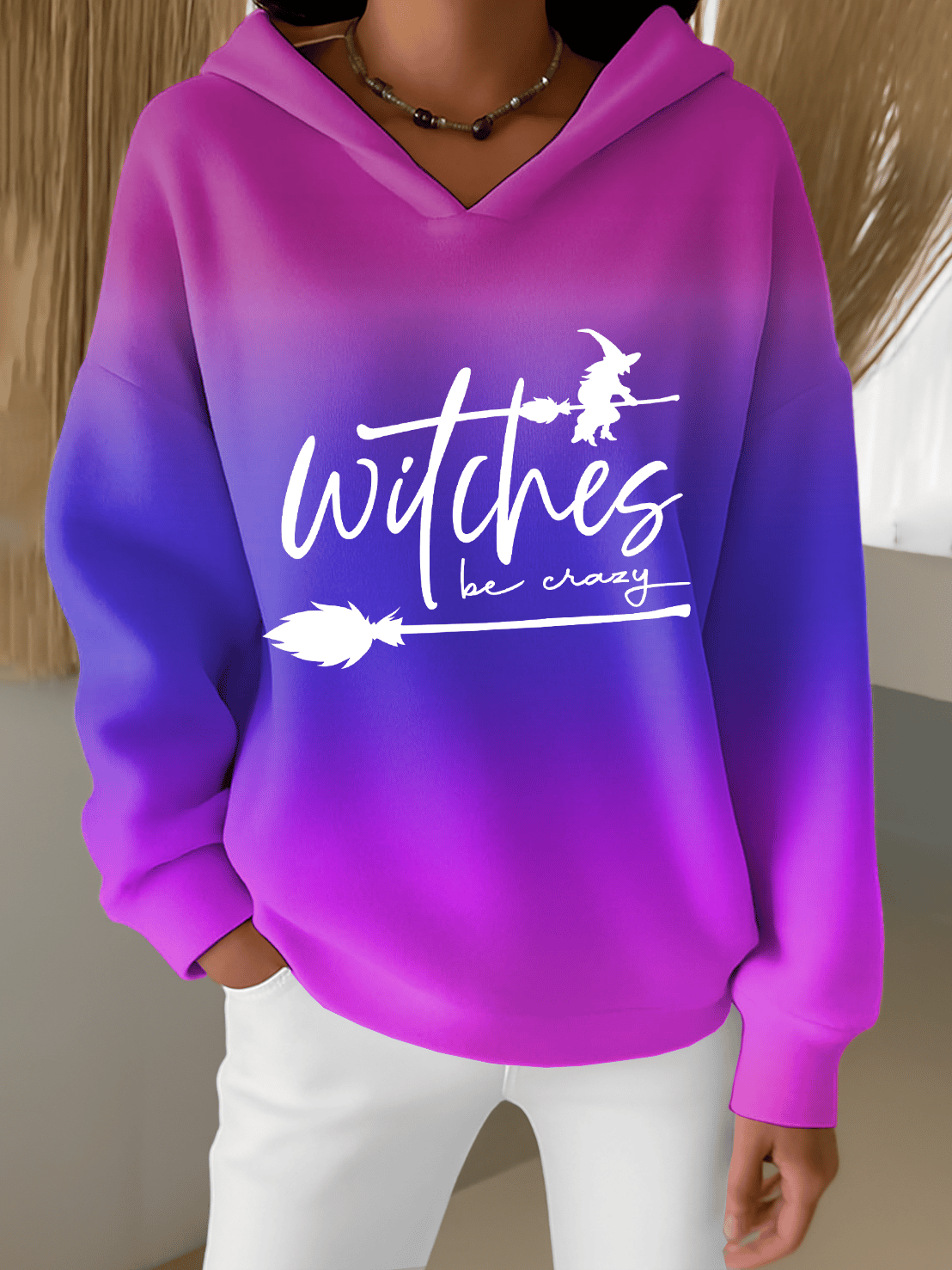 Women's Halloween Witch Print Furry Lined Hoodie