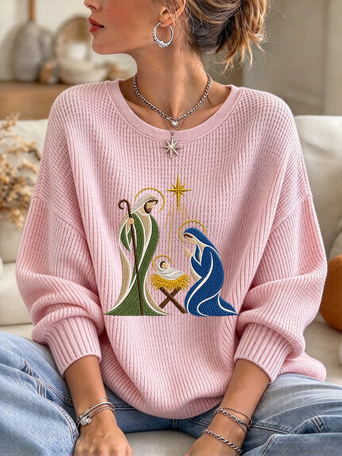 Women's Casual Printed Waffle Long-Sleeve Top