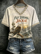 V Neck Retro Jackie Fly Strong, Hope Takes Wing Again Print T-Shirt