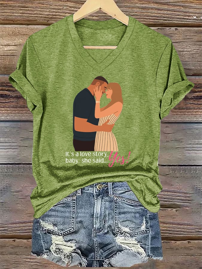 V-Neck Retro It’s A Love Story, She Said Yes Print T-Shirt