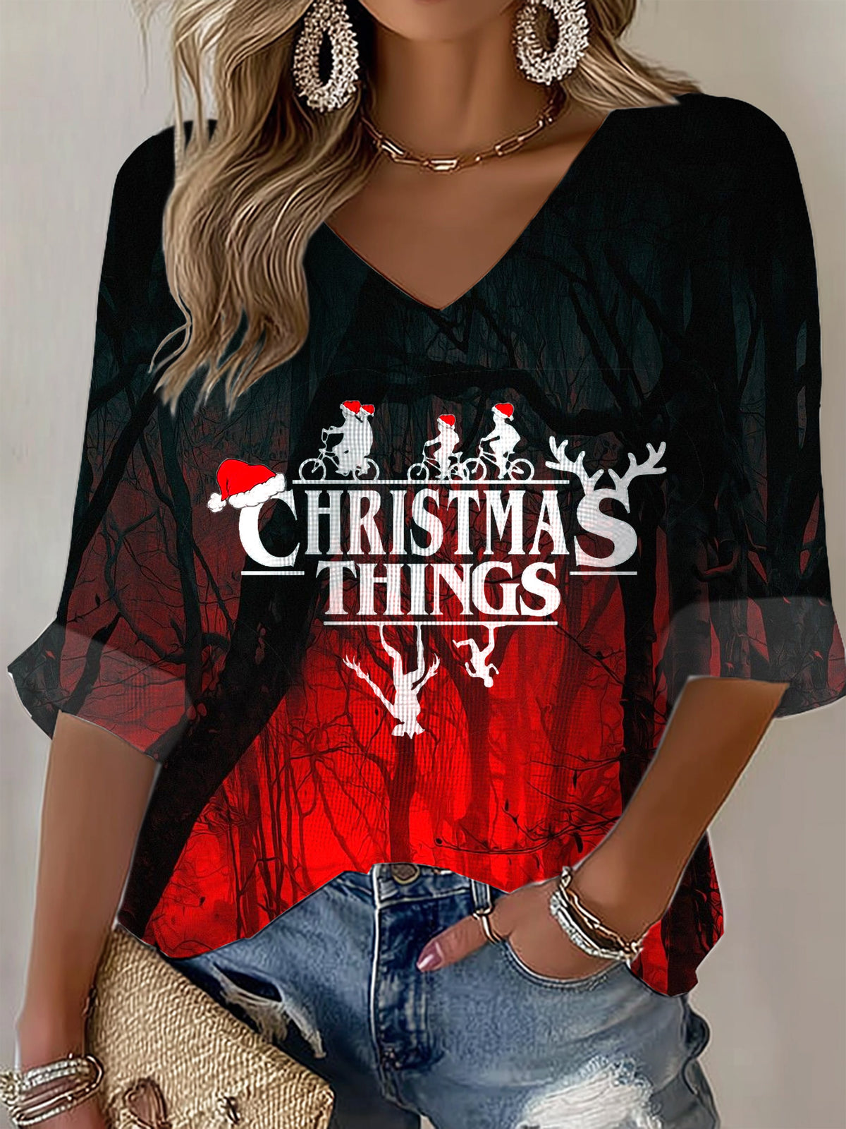Women's Football Print V Neck T-shirt