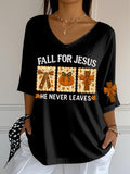 Women's Retro Fall For Jesus He Never Leaves Print T-Shirt