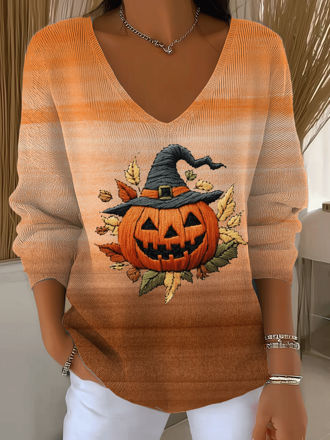 Women's Autumn Pumpkin Maple Leaf Print Casual Striped Fabric Long Sleeve T-Shirt