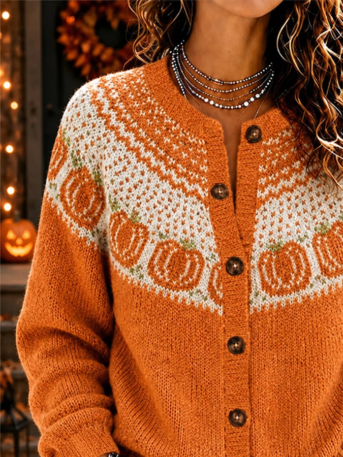 Women's Casual Crew-Neck Printed Long-Sleeve Cardigan