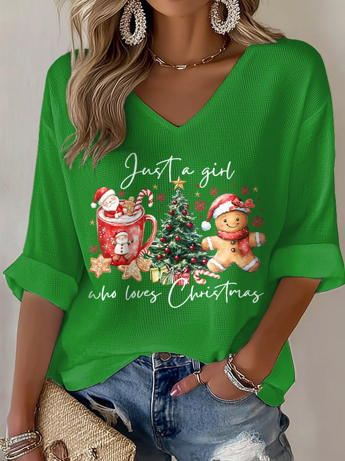 Women's casual just a girl who loves Christmas printed waffle long-sleeved T-shirt