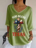 Women's Retro God Bless Texas Cross Print Mid Sleeve T-Shirt