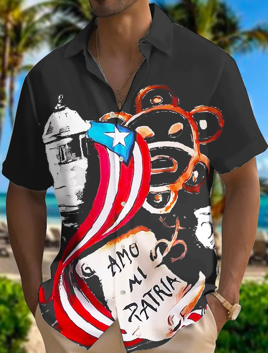 Puerto Rico Singer Beach Print Short Sleeve Shirts