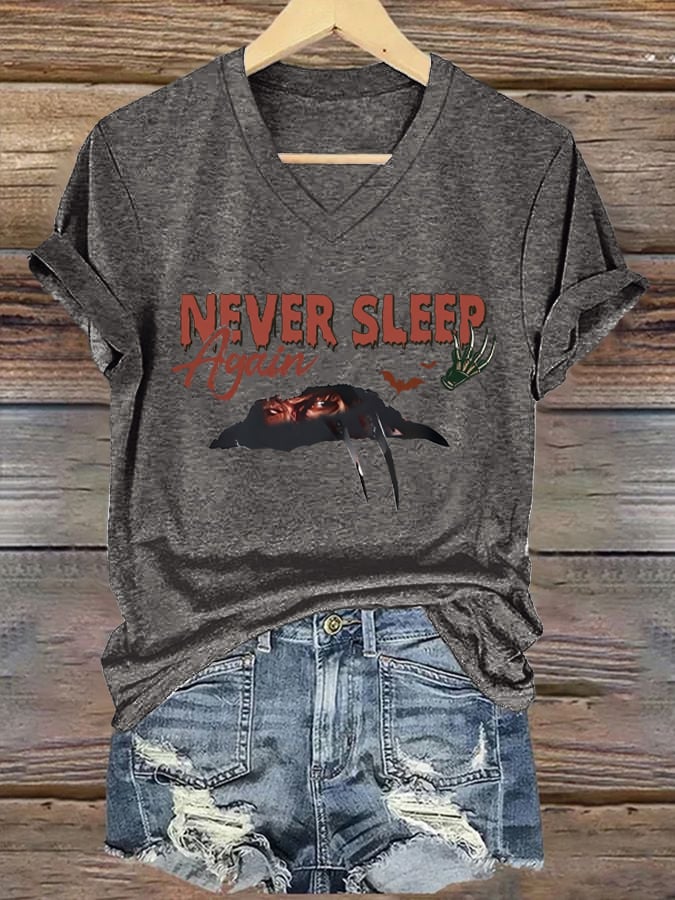 Women's Halloween Horror Nightmare Print V-Neck T-Shirt