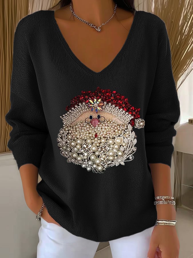 Women's Santa Claus Head Print Knit Top