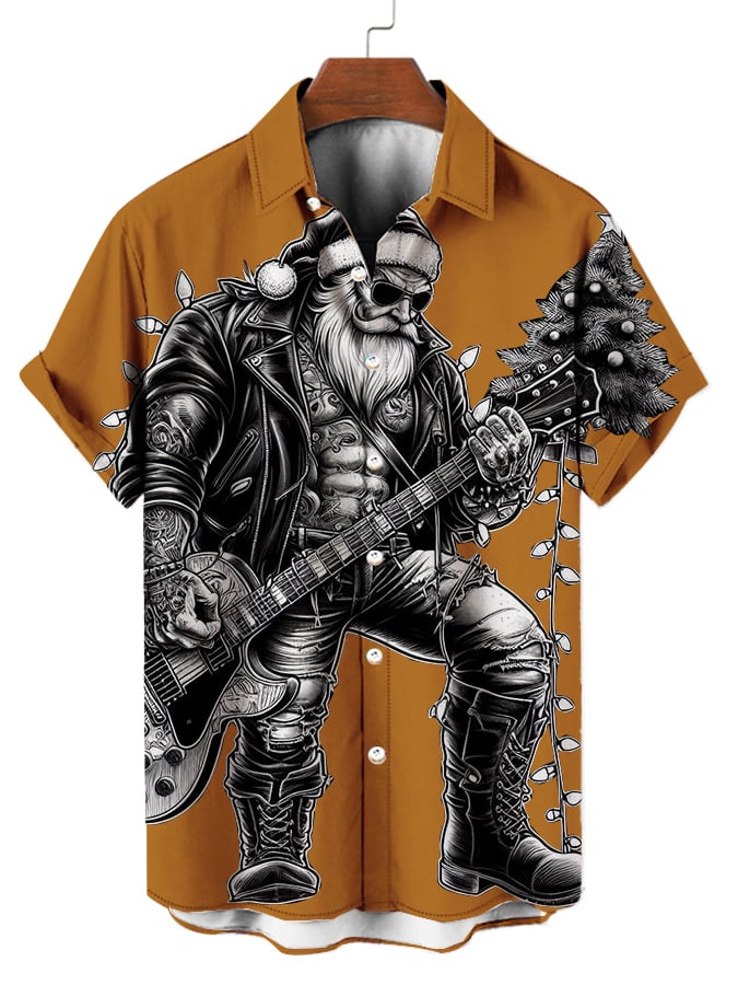 Men's Musical Santa Print Fashion Short Sleeve Shirt