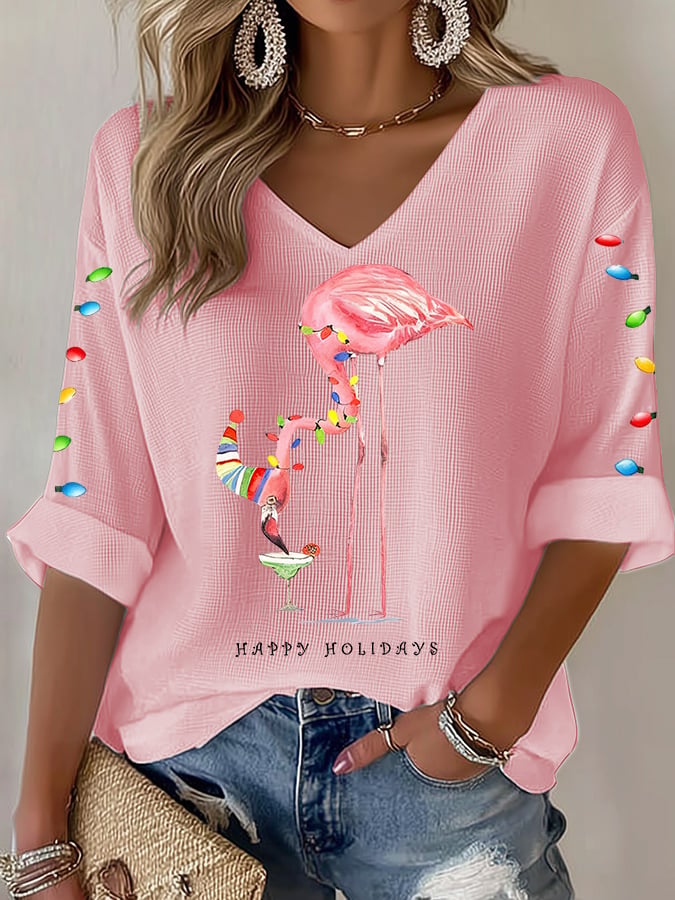 Women's casual Christmas pink flamingo waffle long-sleeved T-shirt