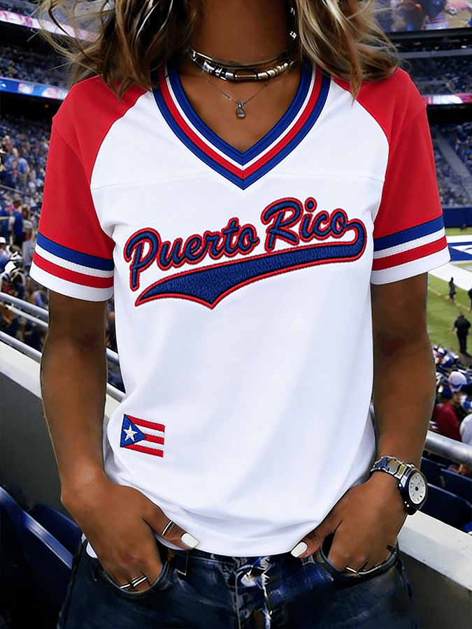 Women's Puerto Rican Baseball V-Neck Short-Sleeved Comfortable T-Shirt