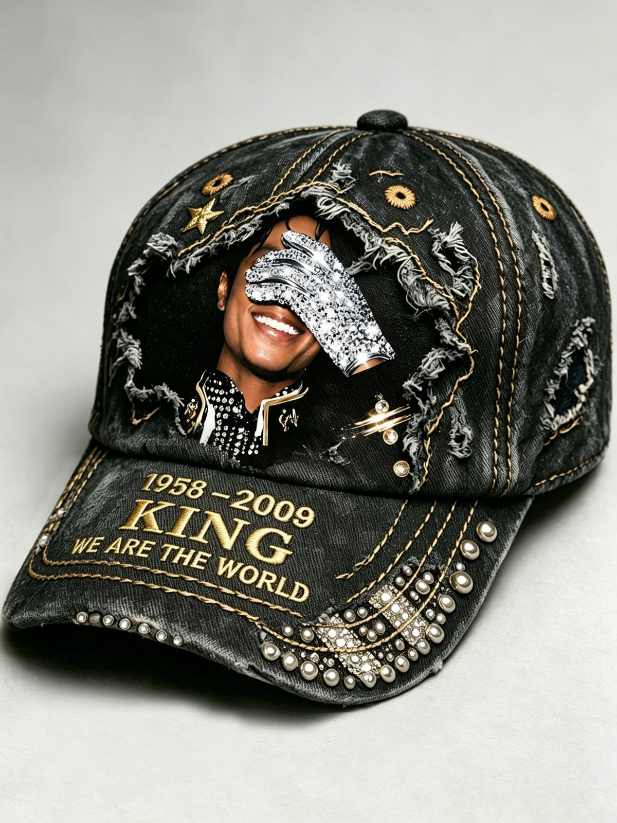 Retro Commemorative Baseball Cap: A Tribute to the "King of Music" (Faux Rhinestone Print)