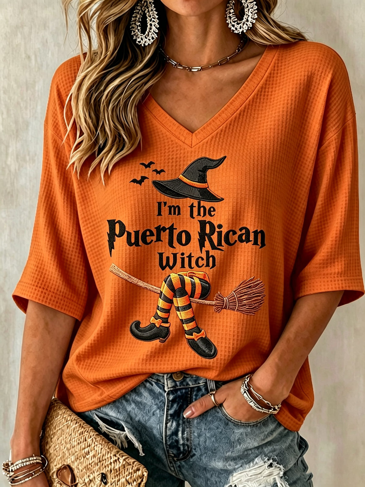 Women's Halloween In Puerto Rico Print Waffle-Knit Top