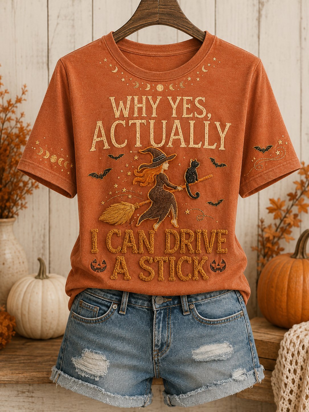 Women's Why Yes Actually I Can Drive A Stick Halloween Witch Broom Witch Print Breast Cancer Awareness Support Tee