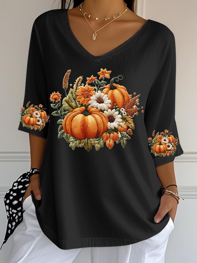 Women's Casual Pumpkin Bubble Ruffled Three-quarter Sleeve Top