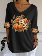 Women's Casual Pumpkin Bubble Ruffled Three-quarter Sleeve Top