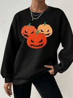 Women's Ghost Face Pumpkin Round Neck Waffle Sweatshirt