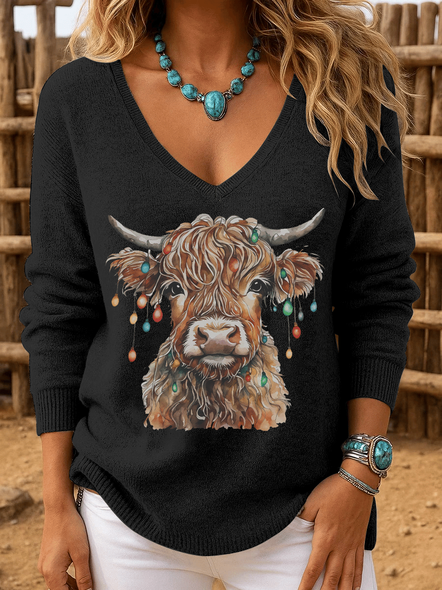 Women's Christmas Highland Cow Print Crew Neck Long Sleeve Top