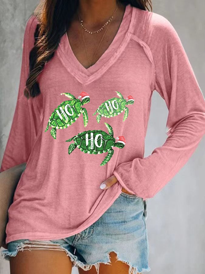 Women's Casual Hawaiian Turtle Christmas Print Long Sleeve T-Shirt