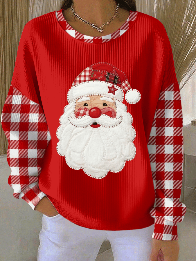 Women's Santa Claus Print Knitted Crew Neck Long Sleeve Top
