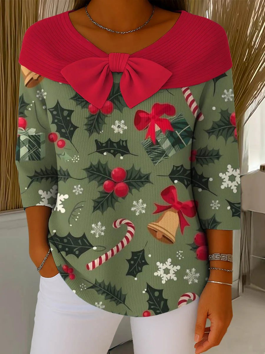 Women's Christmas Print Round Neck 3/4 Sleeve Casual Pullover Sweater