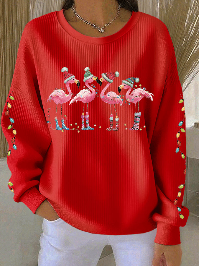 Women's Christmas Flamingo Print Knitted Crew Neck Long Sleeve Top