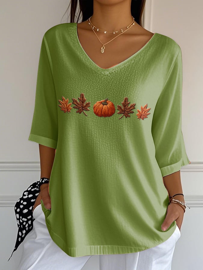 Women's Casual Autumn Pumpkin Stripe Bubble Wrinkle Three-quarter Sleeve T-shirt