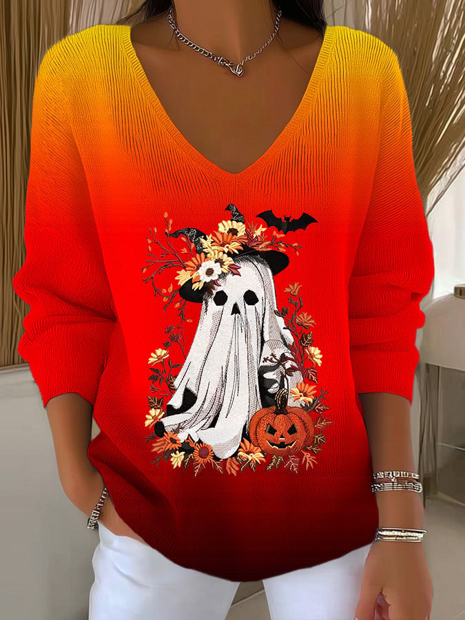Women's Halloween Print V-Neck Sweater