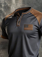 Men's Retro Patriotic Color-Block Short-Sleeve Henley T-Shirt