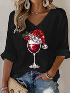 Women's Wine Glass With Santa Hat Print V Neck T-shirt