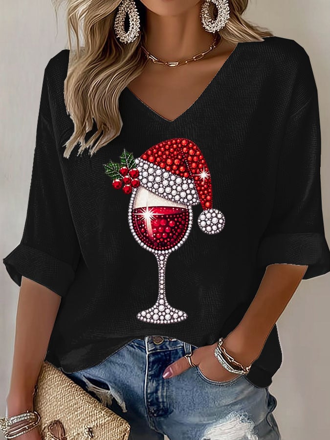 Women's Wine Glass With Santa Hat Print V Neck T-shirt