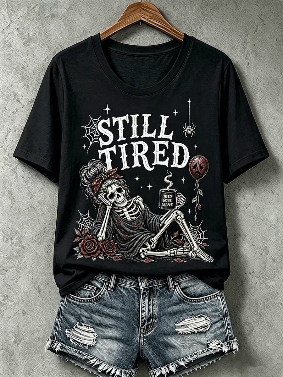 Women's Halloween Dead Tired Print T-Shirt