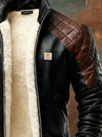 Men's Retro Leather Patchwork Quilted Plush Lined Multi-Pocket Outdoor Jacket