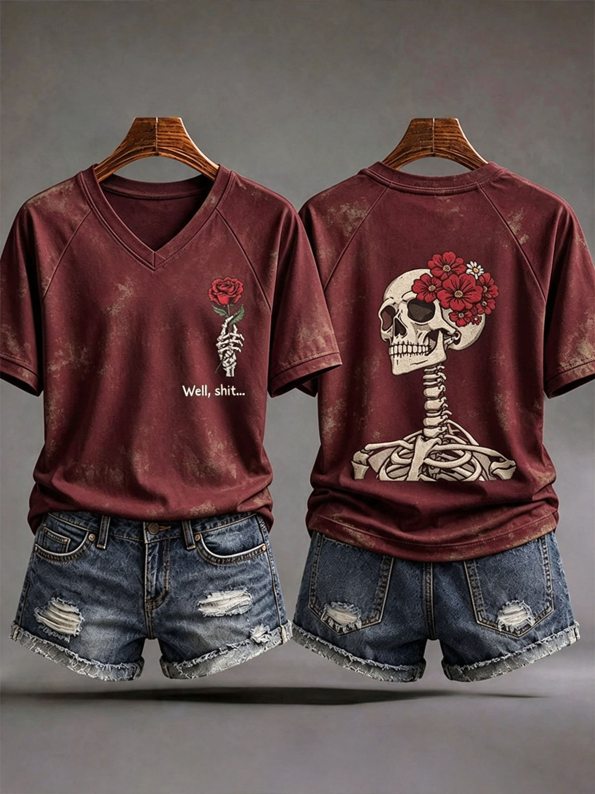 Women's Retro Halloween Well, Shit... Print V Neck T-Shirt