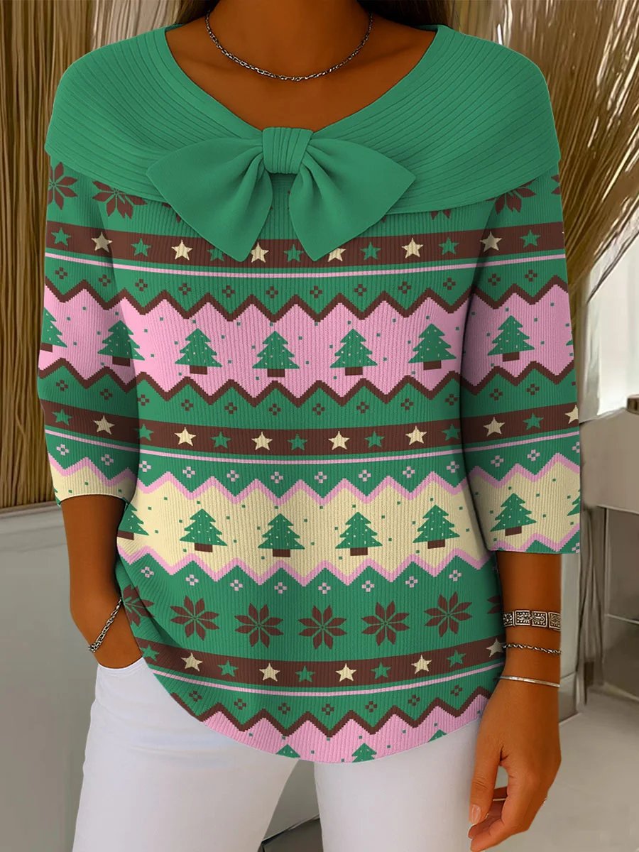 Women's Christmas Print Round Neck 3/4 Sleeve Casual Pullover Sweater