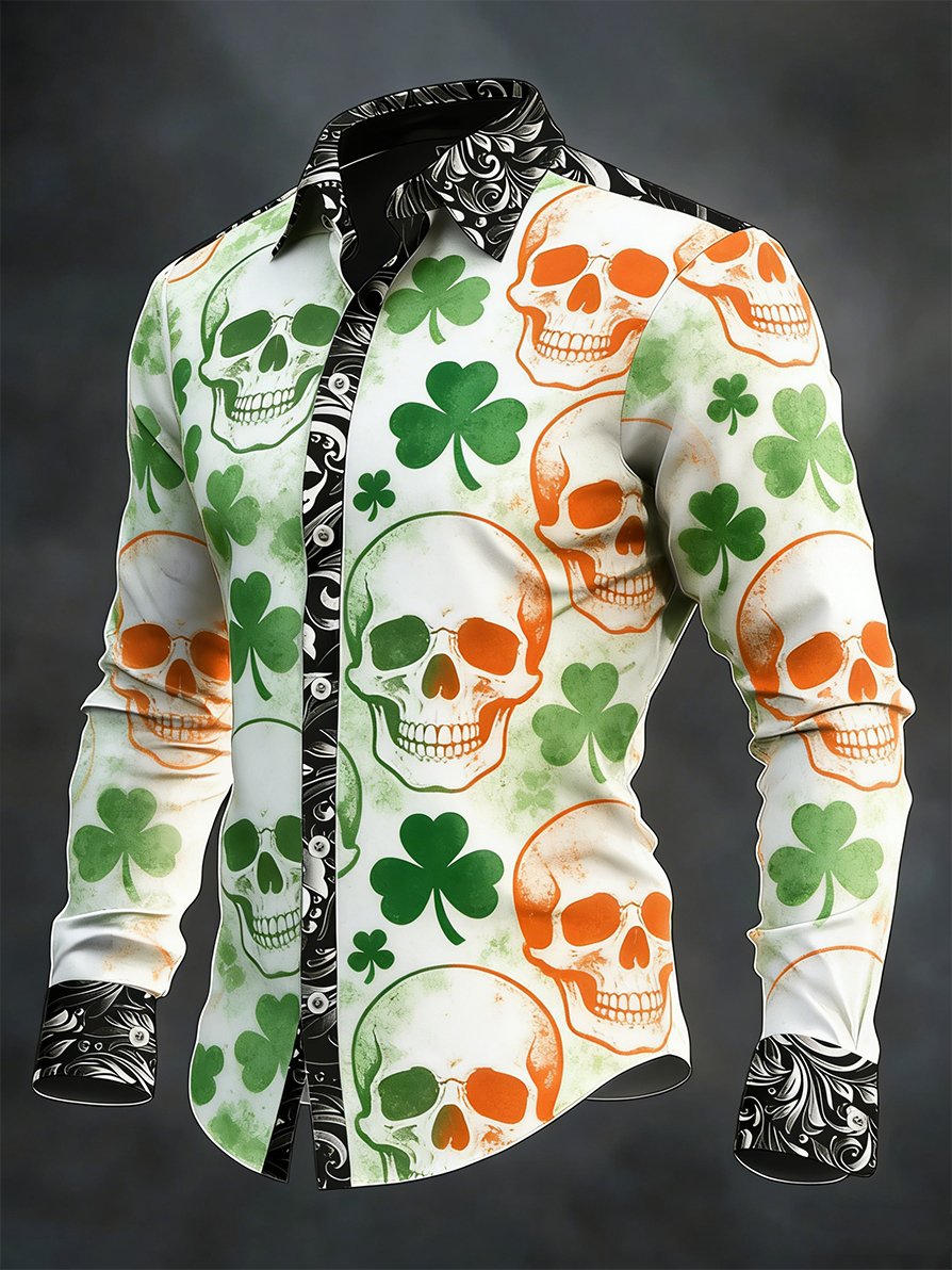 Men's vintage St. Patrick's Day skull pattern long-sleeved shirt