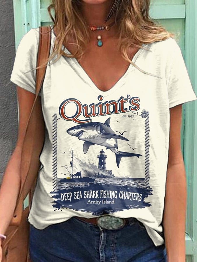 Women's Quint's Shark Fishing Print V Neck T-shirt