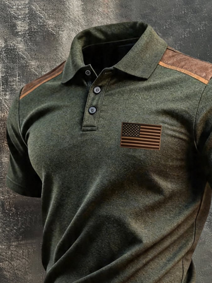 Men's Retro Patriotic Color-Block Short-Sleeve Polo Shirt