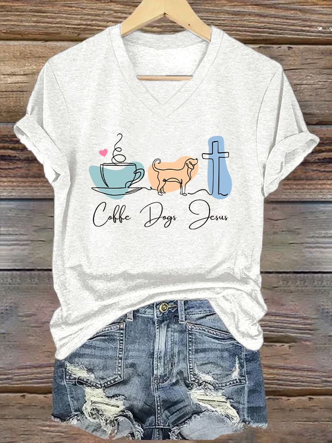 Women's Coffee Dog Jesus Print Casual T-Shirt