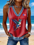Women's National Puerto Rican Day Printed Denim Patchwork Print Top