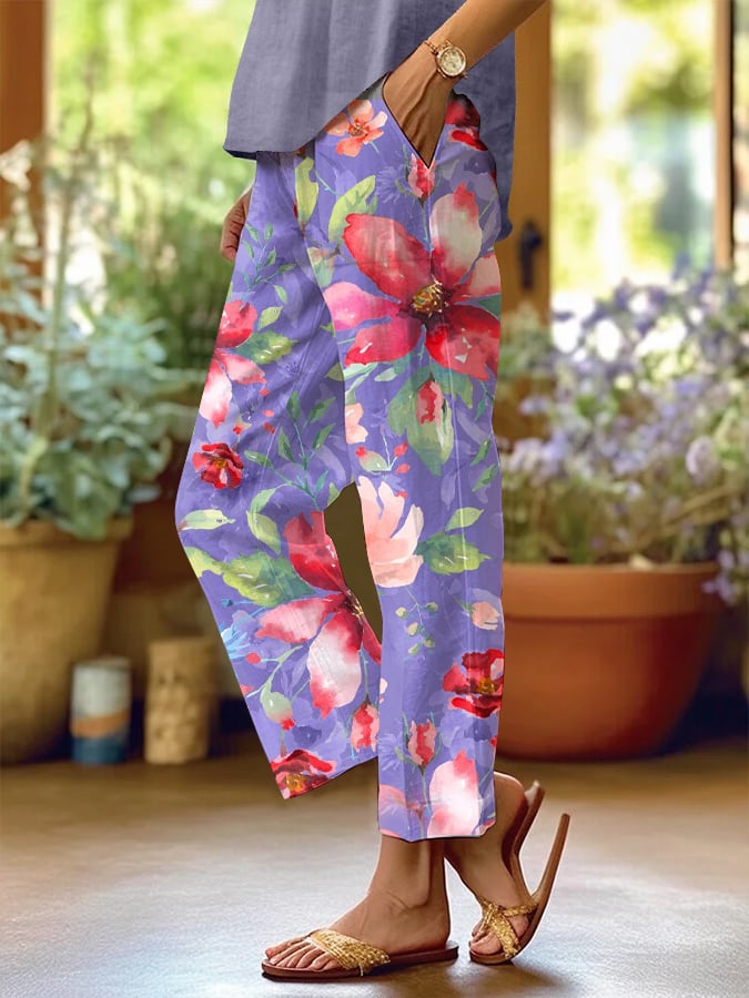 Women's Casual Purple Floral Art Cotton And Linen Pants(With Pockets)