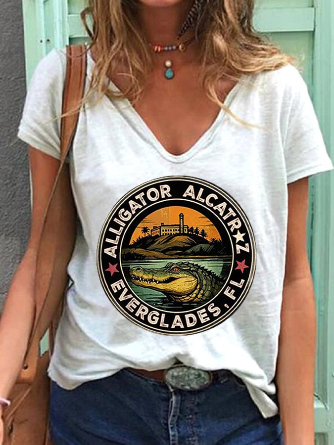 Women's Alligator Alcatraz Funny Florida Everglades Dark Humor Printed T-Shirt